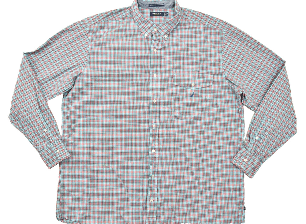 Nautica Men 2XLT Tall Plaid Button Down Shirt Blue Red Check Long Sleeve Cotton